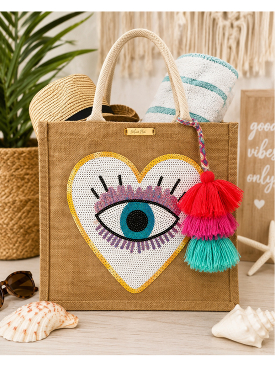 Hola Maria Handbags - Evil Eye Jute Tote Bag Boho Beach Market Bag with Tassel 11.5x11.5x7.5